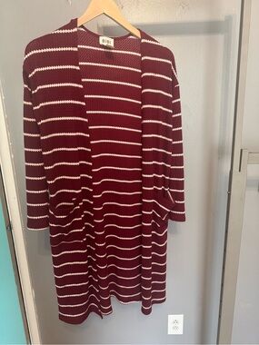 BiBi Burgundy and White Striped Open-Front Long Cardigan